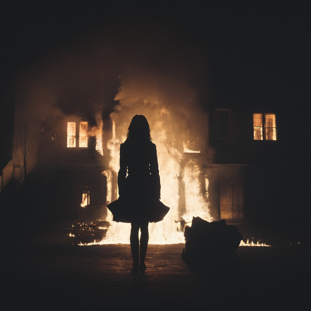 cinematic film still of  <lora:volumetric lighting:1> volumetric lighting style
a silhouette woman standing in front of a fire burning building in the dark staring at camera,1girl,solo,long hair,skirt,school uniform,standing,outdoors,bag,from behind,tree,sunlight,fire,scenery,stairs,torii , volumetric lighting, haze light, fog light, beam light, horror movie, horror them, shallow depth of field, vignette, highly detailed, high budget, bokeh, cinemascope, moody, epic, gorgeous, film grain, grainy