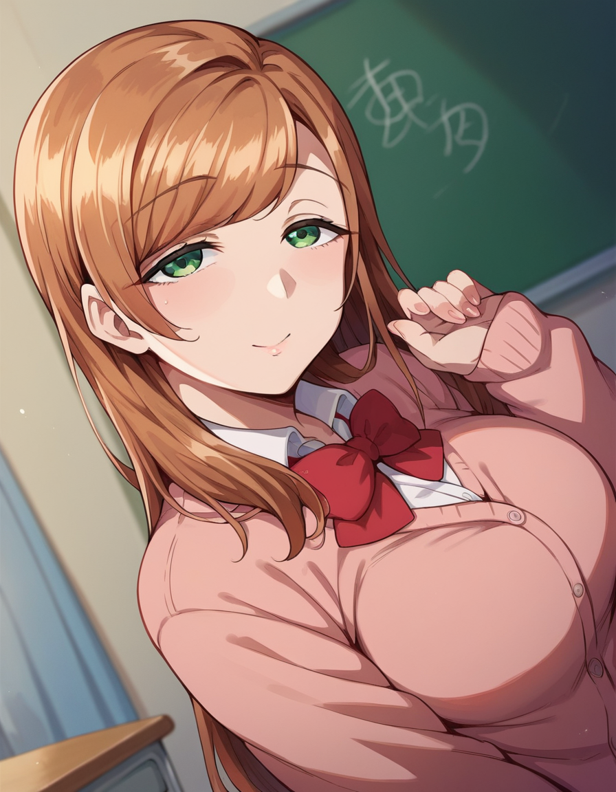 score_9, score_8_up, score_7_up, source_anime,
minakosanada, <lora:minako-sanada-ponyxl-lora-nochekaiser:1>
minako sanada, long hair, brown hair, green eyes, mature female,
long sleeves, bow, school uniform, bowtie, red bow, cardigan, pink cardigan,
indoors, classroom,
looking at viewer, dutch angle, cowboy shot,
