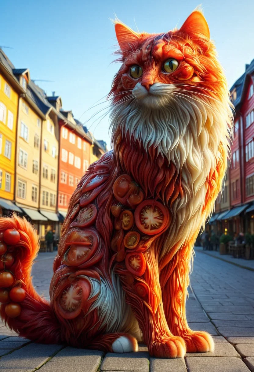 A Norwegian Forest Cat, mobe-tomamph,  great artwork, outdoor, city, masterpiece, absurdres, vibrant, dynamic angle, dynamic pose,  <lora:T0m4t0M0rph-V1:1>,