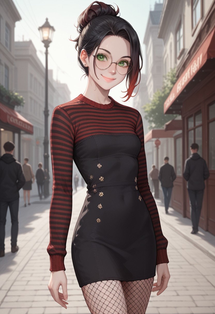 score_9, score_8_up, score_7_up, score_6_up,  1girl,  Patty, PattyRH, black hair, hair bun, gradient hair(red-black), green eyes, big round eyeglasses, small breasts, slim, pale skin, dynamic pose,outdoors, SwDrRH, sweater dress,(black-white dress) , striped dress, fishnets pantyhose, smiling, cowboy shot
