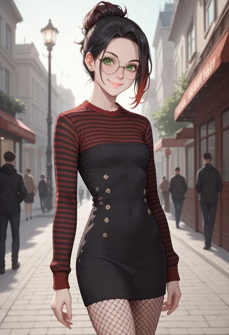 score_9, score_8_up, score_7_up, score_6_up,  1girl,  Patty, PattyRH, black hair, hair bun, gradient hair(red-black), green eyes, big round eyeglasses, small breasts, slim, pale skin, dynamic pose,outdoors, SwDrRH, sweater dress,(black-white dress) , striped dress, fishnets pantyhose, smiling, cowboy shot