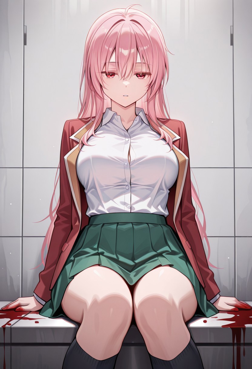 masterpiece, best quality, 32k, high resolution, absurdres, matsuzaka satou, green skirt, blood, open jacket, socks, dress shirt, large breasts, parted lips, kneehighs, expressionless, sitting