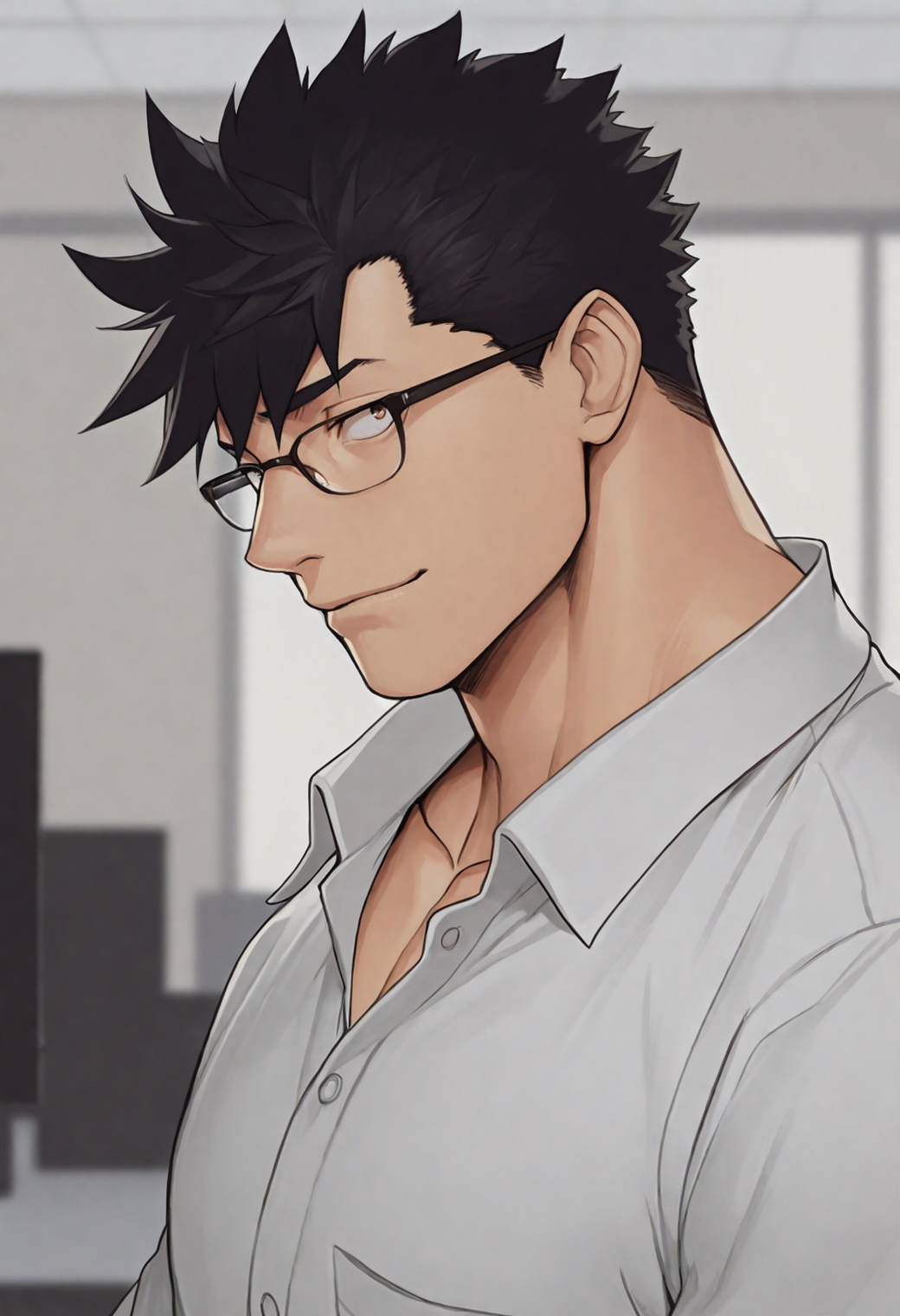masterpiece,best quality,
1boy,bara,
<lora:loren_NAI_EPS_1_0_CAME_v1_rev2:1>,10r3n,black hair,short hair,spiked hair,brown eyes,sanpaku,
bespectacled, glasses, white shirt, collared shirt, collarbone, from side, looking at viewer, light smile, indoors, office, blurry backgroundâââ