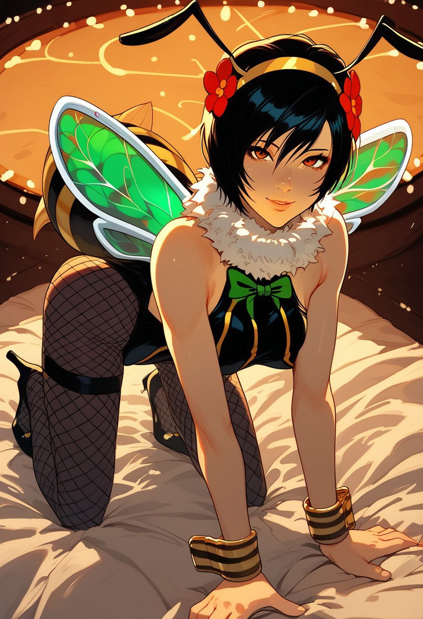score_9, score_8_up, score_7_up, masterpiece, high quality, ultra detailed, absurdres, Expressiveh,  negative_hand, g0thicPXL, neon BREAK 1girl, slim figure, small teardrop breasts, asian, petite, round butt, Yuffie Kisaragi, gold headband, makeup, black hair, short hair, (highleg leotard, fishnet pantyhose, antennae, insect wings, leg ribbons, high heels, fur collar, hair flower, gold leg ribbons, black leg ribbons) BREAK all fours, cute, looking at viewer, seductive smile, crawling, crawling towards viewer, seductive BREAK stripclub, private room, private booth, red heart bed, heart bed, heart-shaped bed, heart shaped bed, late night, closeup