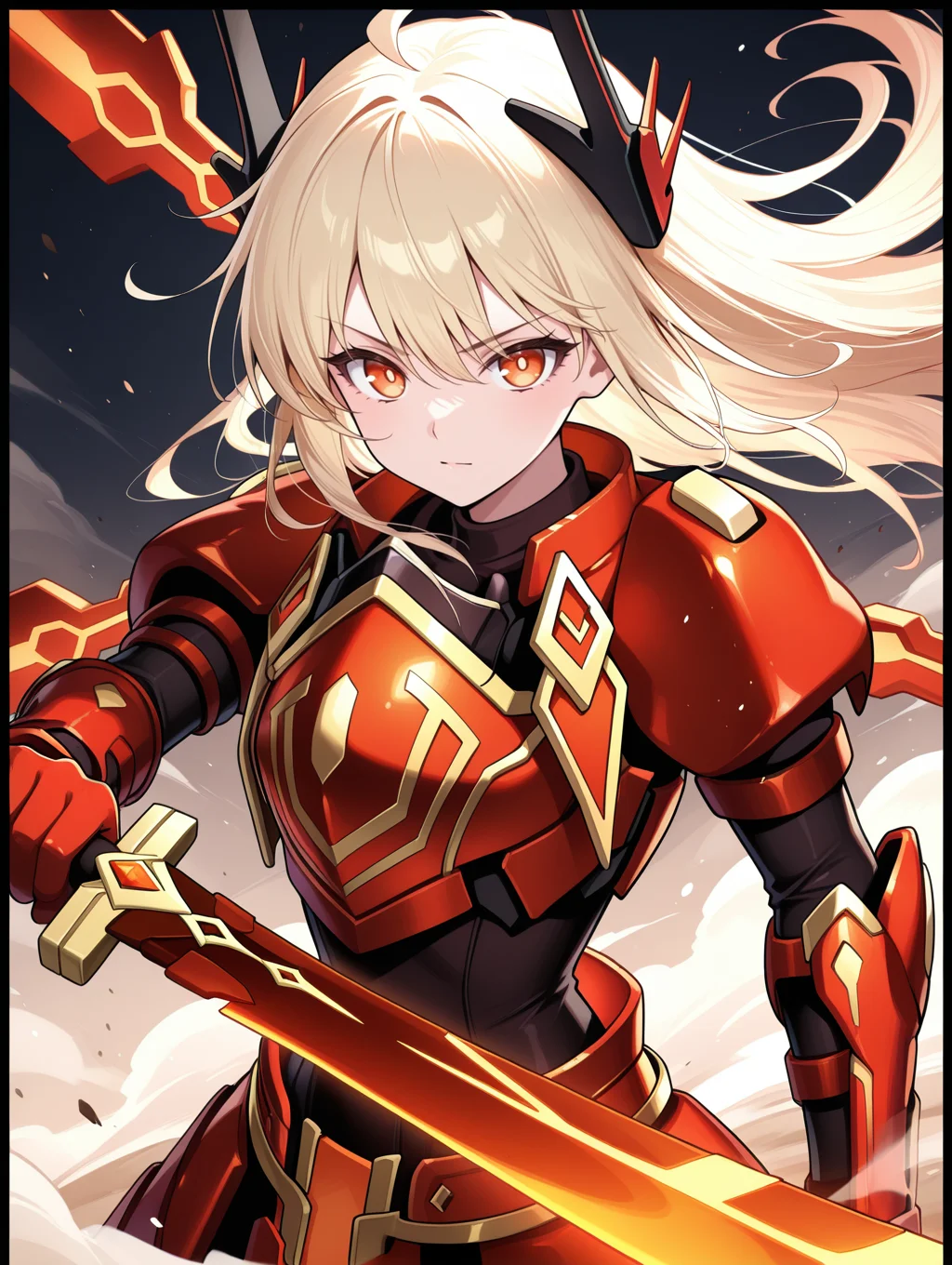 sky striker ace - raye, red power armor, mecha musume, official alternate costume, 1girl, orange eyes, black border, solo, flaming red huge sword, looking at viewer, upper body, black bodysuit, red sword wings, red headgear, red armored gloves, red breastplate, dust, wind, floating hair, serious,
masterpiece,best quality,amazing quality,very aesthetic,absurdres,newest,<lora:Sky striker ace - kagari illusXL v1:0.7>,