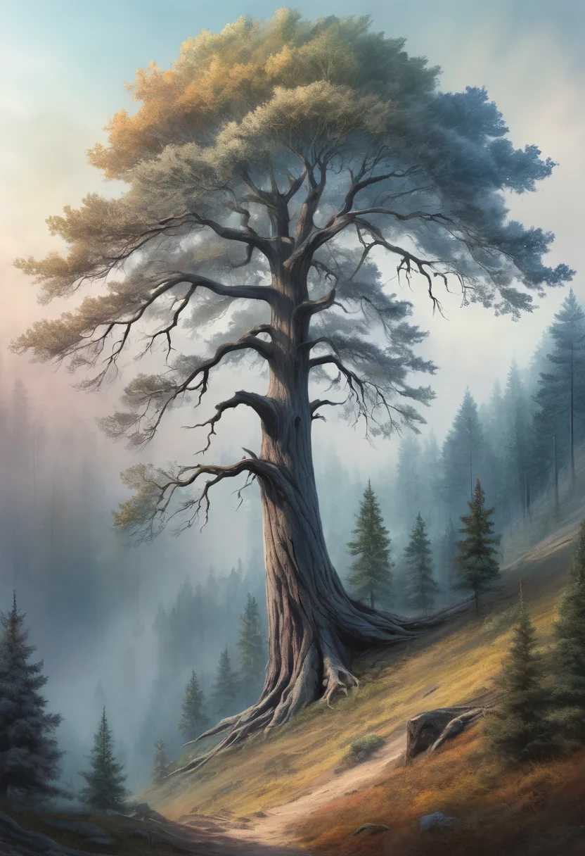 a lone tree standing sentinel at the forest's edge, a massive tree surrounded by smaller trees, <lora:Artfully_TREES2-000003:0.6>, rendered with soft smoky edges, muted colors, sketch of an old tree, captured in dynamic perspective, professional drawing, a spectrum of subtle gradients masterpiece, detailed, best quality, absurd resolution uhd, 8k,