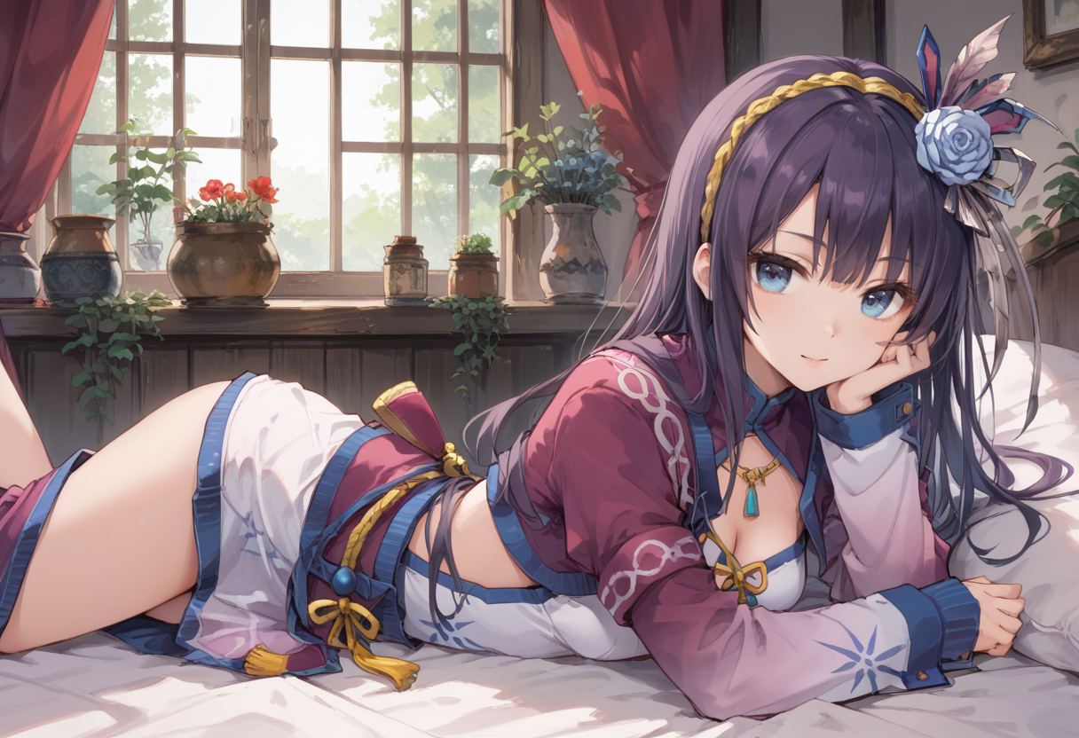 (score_9:0.9),score_8_up,score_7_up,rating_safe,anime style,(zPDXL),<lora:Gobul armor ponyXL v1.2:0.8>,gobul x gunner armor,white hair ornament,white chinese dress,purple long sleeves,1girl,solo,blue eyes,long hair,purple hair,looking at viewer,on stomach, laying, bed