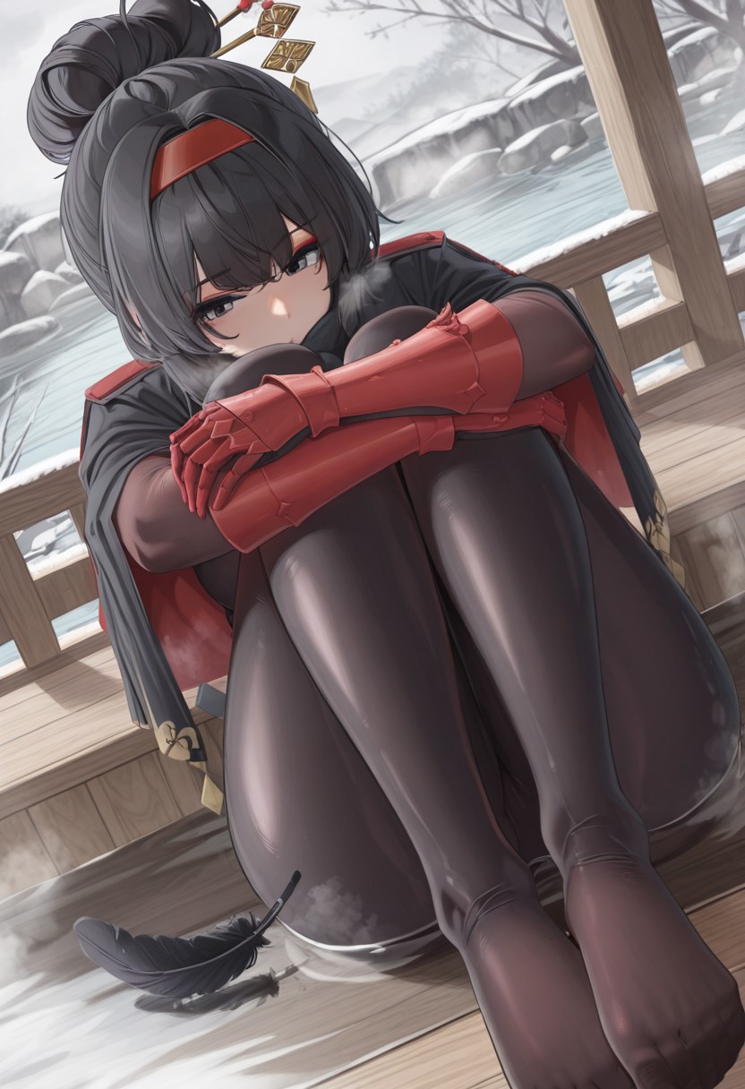bannou,  outdoors, undershirt, falling feathers, black bodysuit, hair stick, hugging knees, knees to chest, gauntlets, eyeshadow, red gloves, two sides up, black capelet, red hairband, black eyes, 1girl, solo, feet, visible breath, dynamic angle, foreshortening, smell, steam, onsen, water