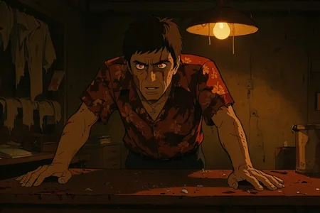 cinematic still, Tony Montana, leaning over a rusted desk in a scorched floral shirt, demon eyes flickering with ambition, medium shot, eye-level angle, setting: backroom office with shredded fabric rolls and dripping overhead lamp, mood of cramped power and quiet ruthlessness, warm tungsten light casting long shadows, color theme of mustard yellow, ash brown, and blood red, style reference 1980s Studio Ghibli–inspired Japanese animation still
