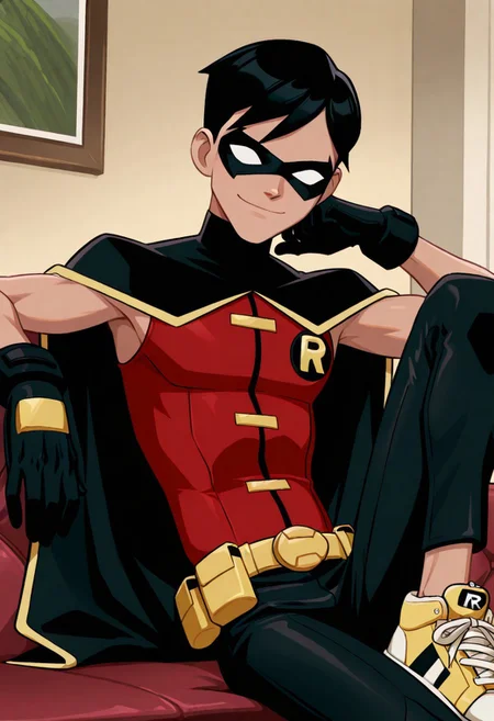Justice_Robin,1boy,solo,male focus,black hair,short hair,domino mask,no pupils,black cape,red vest,black gloves,yellow utility belt,superhero,black pants,upper body,smile,skinny male,happy,masterpiece,best quality,sneakers, one foot on couch, sitting on couch, relax