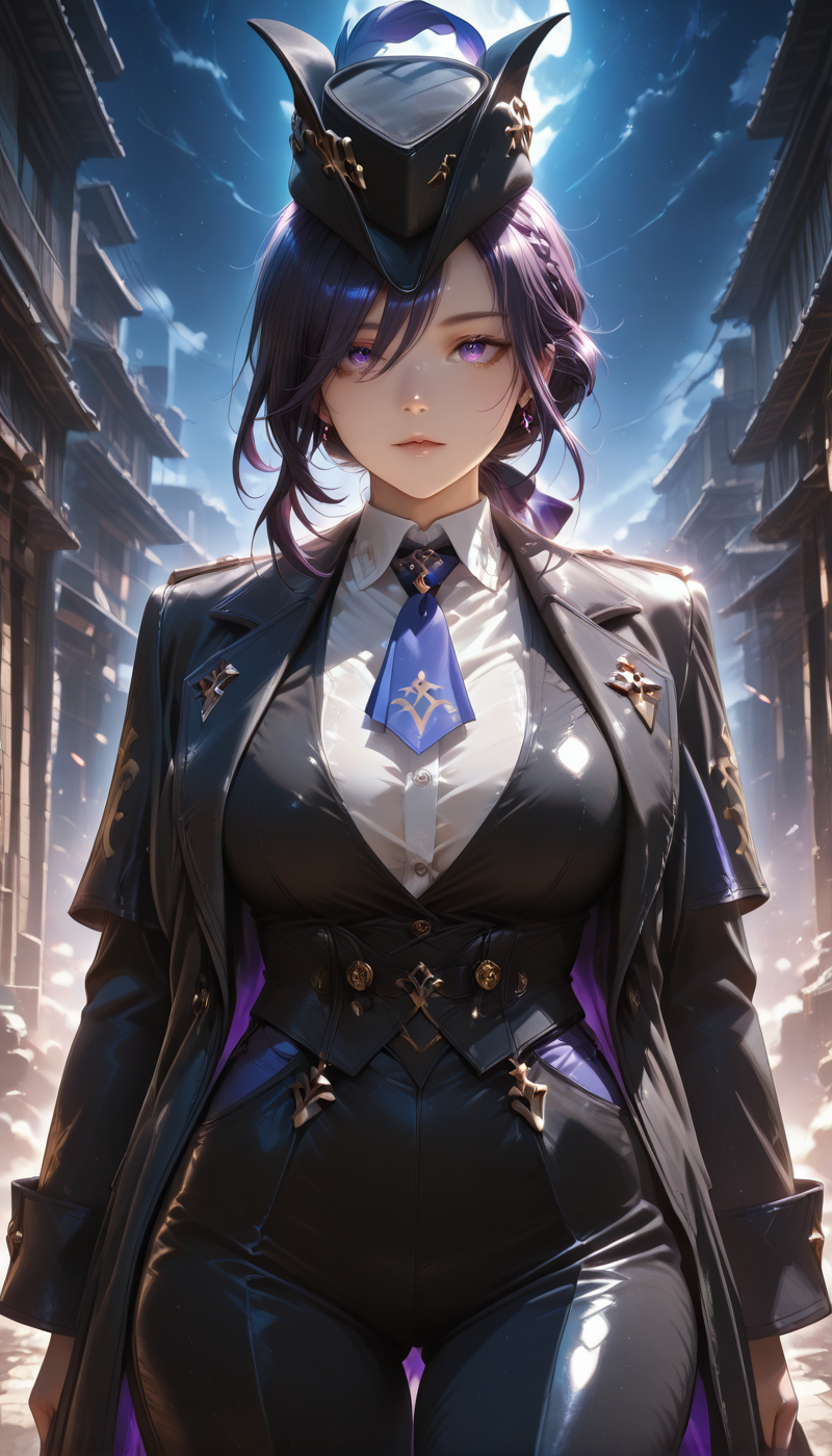 <lora:LCMTurboMix_Euler_A_fix:1> <lora:example_SDXL:0.3>, EZRealPONYXL, <lora:Dramatic Lighting Slider:3>  <lora:realistic filter [IL]:1>
DSLR,realistic,cosplay photo, (very awa,masterpiece,best quality,year 2024,newest,absurdres,highres:1), realistic,skin texture,facial features, photography shot with Canon EOS 5D Mark IV , realistic, RAW, best quality, masterpiece, amazing quality, skin details,
detailed background, shiny skin, dutch angle, night, moonlight,
beautiful detailed eyes, intricate details, absurdres, anime screencap,
 <lora:Clorinde_Genshin_ILXL_kill0825:1>
GClorinde, large breasts, hair between eyes, blue hair, purple eyes, low ponytail, long hair, dark blue hair, purple hair, multicolored hair, 
shirt, long sleeves, hat, jewelry, jacket, white shirt, braid, thighs, earrings, open clothes, necktie, collared shirt, pants, belt, hair bun, star (symbol), vest, coat, black jacket, black headwear, dress shirt, buttons, swept bangs, black pants, single hair bun, wing collar, colored inner hair, black belt, black coat, open coat, black vest, hat ornament,  two-sided fabric, braided bun, formal, suit, buckle, belt buckle, black suit,