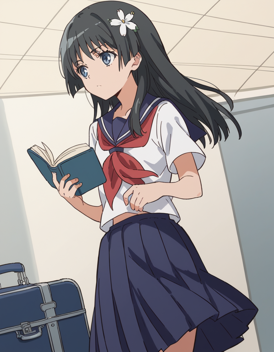 score_9, score_8_up, score_7_up, source_anime, <lora:saten-ruiko-s3-ponyxl-lora-nochekaiser:1>, saten ruiko, black hair, blue eyes, long hair, hair ornament, flower ornament,, blue skirt, pleated skirt, sakugawa school uniform, school uniform, serafuku, skirt, summer uniform,, airport, waiting area, suitcase, flight delayed, passengers, reading book, , , hand on waist, elbow up, foot on tiptoe, solo,, cowboy shot, dutch angle