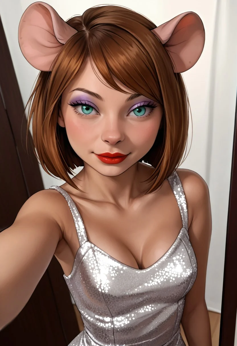 score_9, score_8_up, score_7_up, photorealistic, desiree d'allure, anthro, furry, mouse, mouse ears, mouse tail, , red lips, light purple eyeshadow, brown hair, short bob cut, side-swept bangs,aqua eyes, slender, clubbing dress, posing for selfie in mirror, squeeze breasts together, from above, perfect