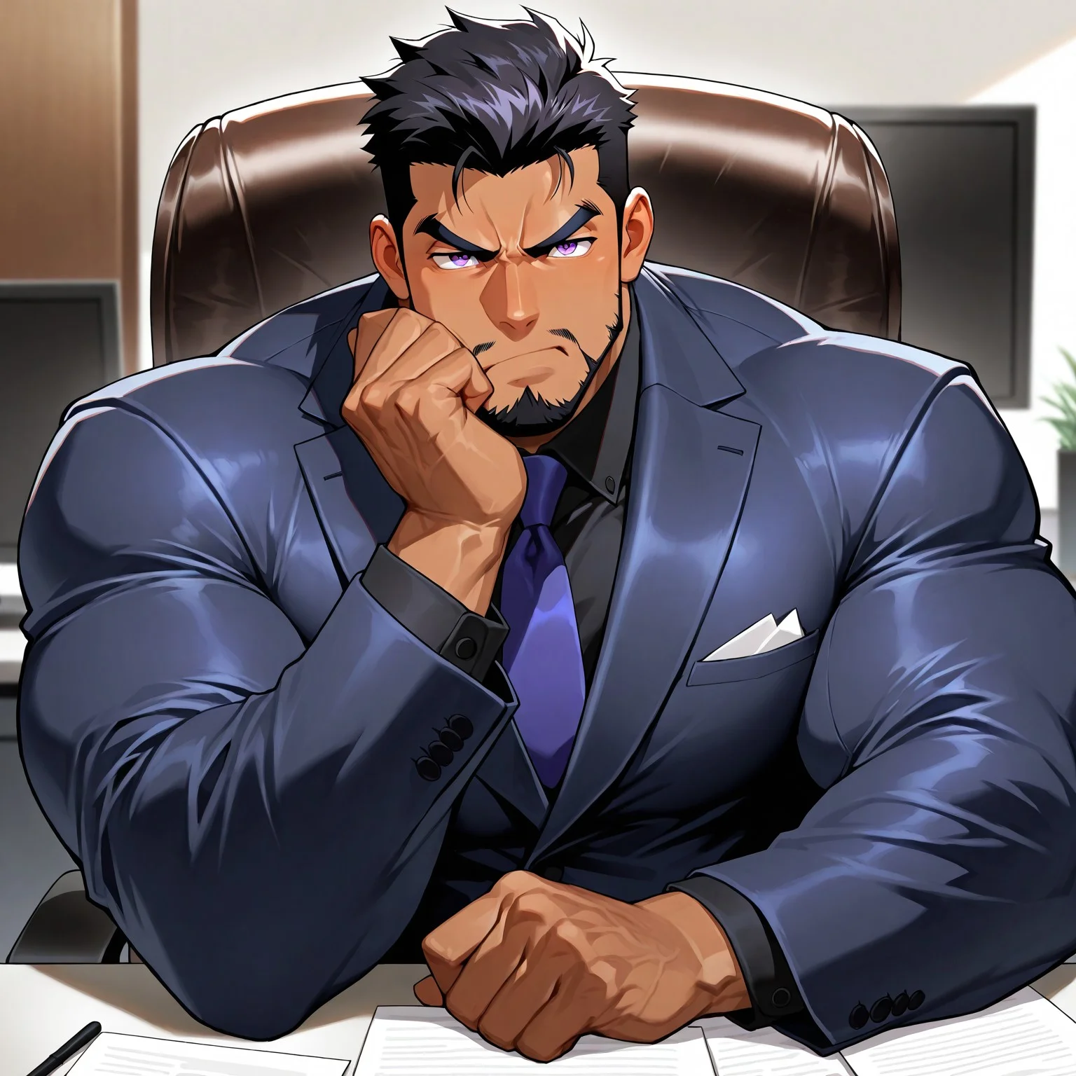 Intricate Details, Masterpiece, Best Quality, 1man, mature, bara, solo, male focus, correct anatomy, perfect hands, stylized seinen anime style, lots of details, shaded, detailed shading, detailed skin, counter shading, handsome, black hair, black facial hair, hyper-muscular, hyper pecs, brown skin, purple eyes, business suit, angry, sitting, sitting in chair, thinking pose, office background