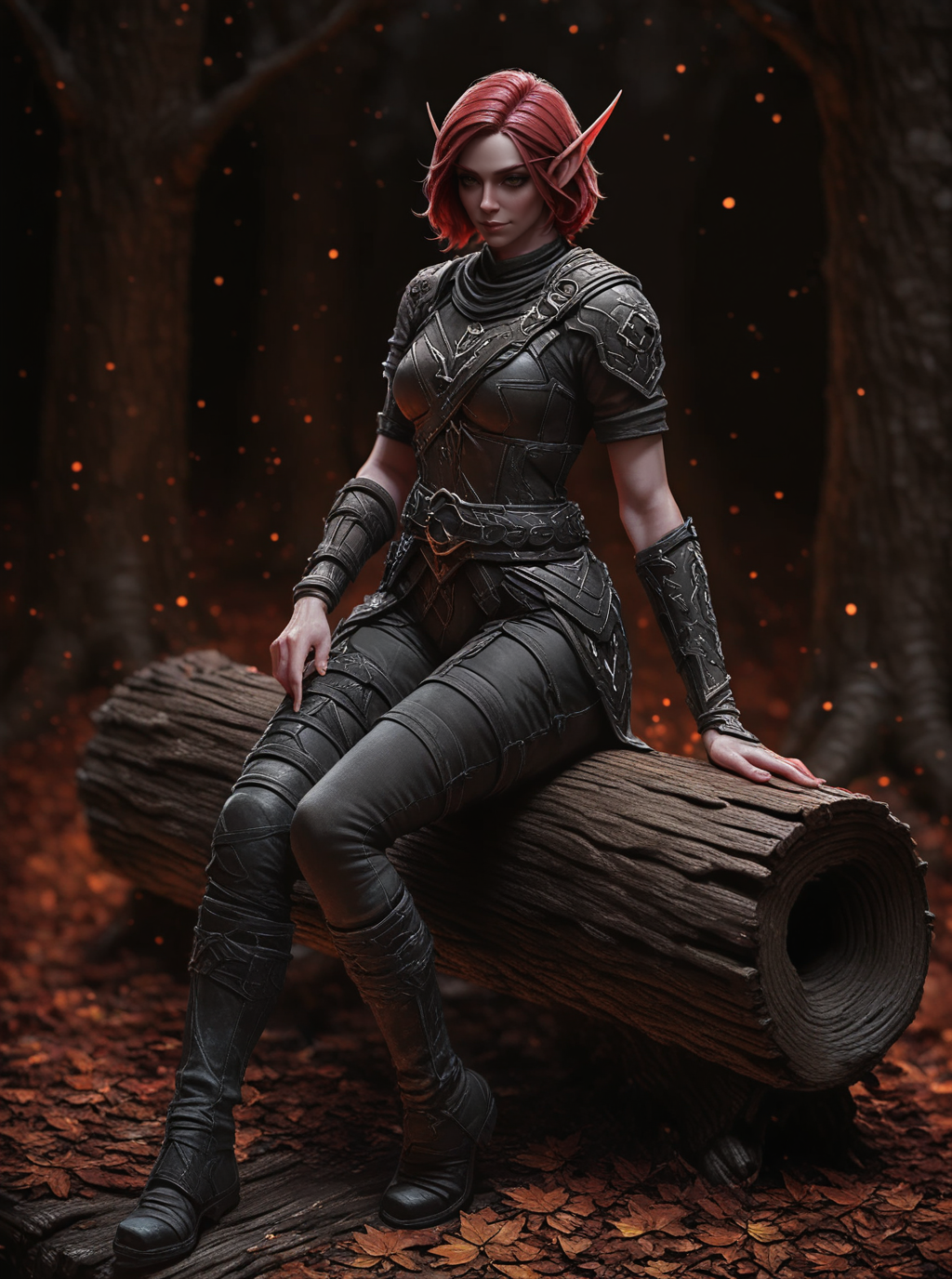 sref3709623716, dark, beautiful elf ranger girl sitting on wooden log in the woods, full body, leather armor, short red hair, leafs particles, legwear, boots, short sleeves, bracers, asymmetrical clothes, solo  <lora:sxz-sref3709623716:0.85>