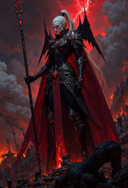 The vampire queen stands atop a hill of smoldering ruins, the battlefield behind her cloaked in swirling ash and embers. Her sleek, black armor clings to her body like a second skin, etched with fiery crimson runes that pulse softly in the dim light. Her shoulder pauldrons curve upward like wings, tipped with silver spikes. The breastplate is cut to accentuate her form, merging into a segmented cuirass that flows into an armored skirt of interlocking black and red scales.
Her high ponytail, bound with thin leather straps, gleams in the faint light of the dying fires. Her pale skin glows faintly, her pointy ears and the faintest hint of her fangs revealing her vampiric nature. Her crimson eyes gleam with a predatory allure as she surveys the devastation. Her weapon, a long black glaive with a ruby-red core, rests against her shoulder. The clouds above churn with crimson lightning, framing her as the triumphant queen of destruction.