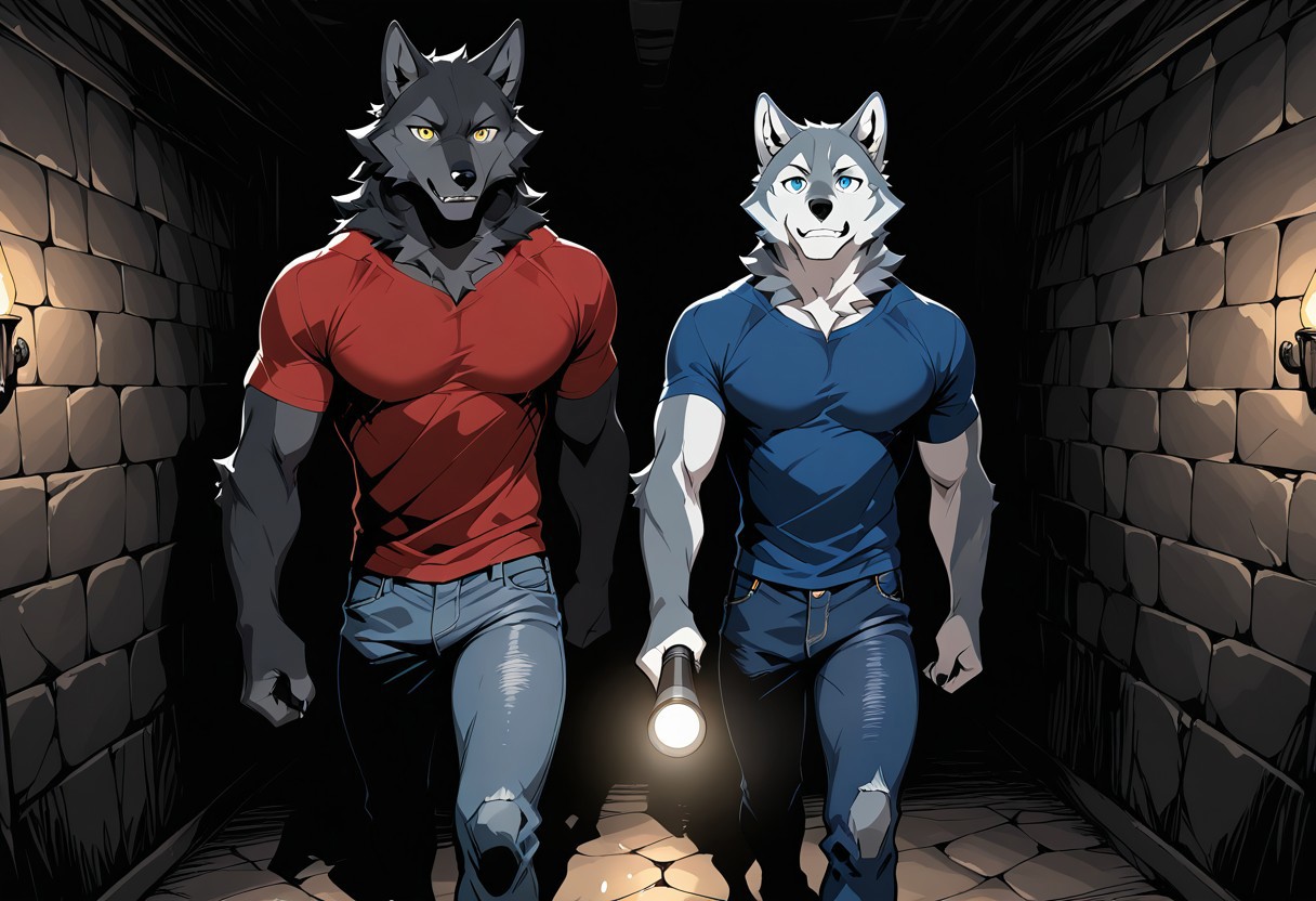 masterpiece, best quality, amazing quality, duo, (wolf, anthro, male, grey and blue fur, yellow eyes, red t-shirt, jeans), (wolf, anthro, male, black fur, blue eyes, blue t-shirt, jeans), (walking, using flashlight, exploring), (old army bunker, indoor, dark room), (detailed eyes, extremely detailed, masterpiece, high quality)