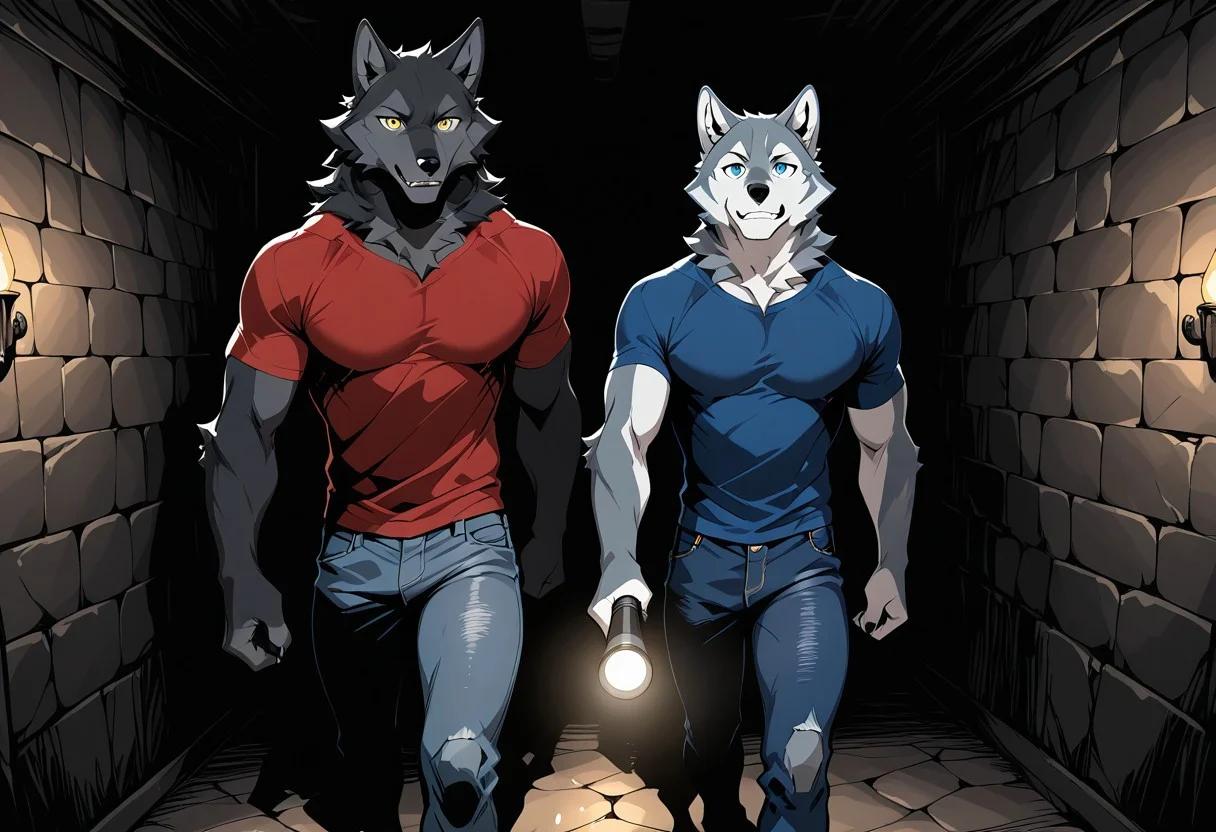 masterpiece, best quality, amazing quality, duo, (wolf, anthro, male, grey and blue fur, yellow eyes, red t-shirt, jeans), (wolf, anthro, male, black fur, blue eyes, blue t-shirt, jeans), (walking, using flashlight, exploring), (old army bunker, indoor, dark room), (detailed eyes, extremely detailed, masterpiece, high quality)