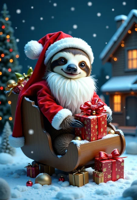 ck-sl0thmas,, a high quality digital image of sloth santa sitting a in a sleigh surrounded by presents, he's wearing a big white beard and dressed as santa but it's obvisouly still a cute little sloth, they are on the roof of a house in the dead of night and some snow is falling, the scene is lit by christmas lights on the house
