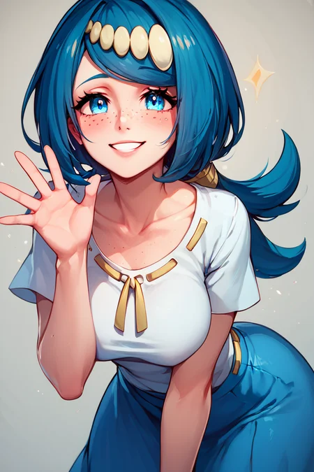 score_9, score_8_up, score_8, medium breasts, (curvy), cute, eyelashes, BREAK, , zzLanasMother, blue hair, blue eyes, long hair, freckles, large breasts, hair ornament, white shirt, blue skirt, <lora:LanasMother_Pokemon_PDXL_Citron:0.8>, , BREAK, looking at viewer, smile, waving, upper body, leaning forward, head tilt, embedding:zPDXL, Expressiveh, <lora:CatalystStylePDXL:0.6>, <lora:SDXLFaeTastic2400:0.5>, <lora:Expressive_H-000001:0.4>,