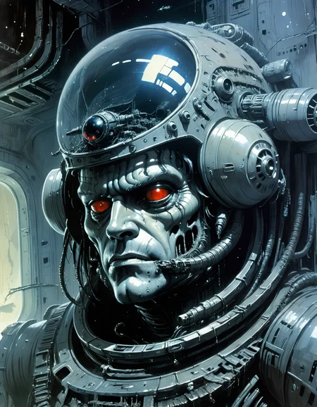 "Close-up, front-facing view of a scavenger, his face reflecting horror, within the chilling confines of a derelict space station. Sharp contrasts, lavishly intricate, drawing from H.R. Giger", surrealism, weird and pissed off, oil on canvas, dry brush, <lora:John Berkey Style:0.9>, John Berkey Style