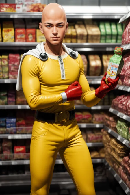 masterpiece, best quality, 1boy,realistic, <lora:Saitama:0.8> saitama, anime, one punch, one-punch man, yellow bodysuit, belt, red gloves, white cloak, groceries ,egg carton,
<lora:contrast_slider_v10:1> <lora:skin_slider_v2_1_FACE:0.6> <lora:filmgrain_slider_v1:0.8>, <lora:add_detail:0.5> <lora:backlight_slider_v10:-0.5>