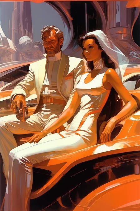 <lora:Syd Mead Style:1>Syd Mead Style - a god and a goddess in gentle interplay in a style between Michelangelo and Syd Mead