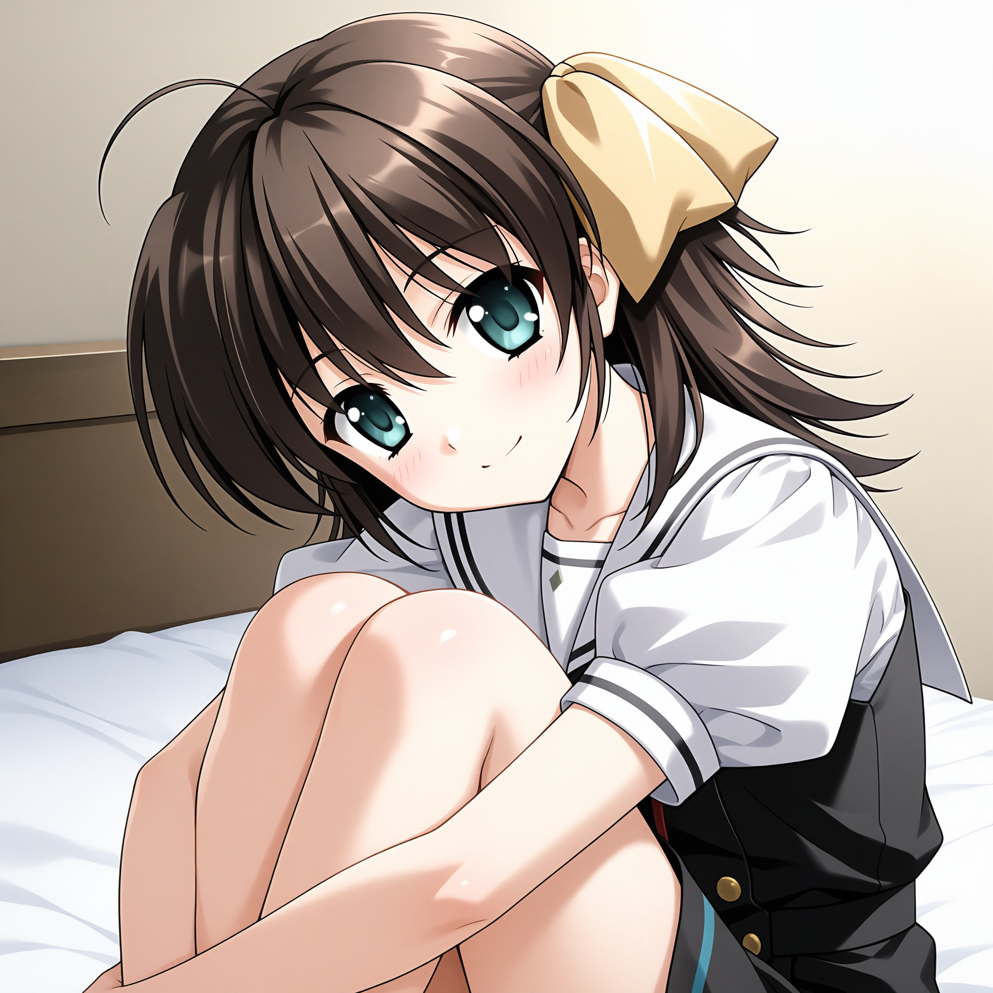 <lora:Miyamura_Miyako_1_nai-000018:1>,Miyamura Miyako,hair bow,yellow bow,
school uniform,white sailor collar,white shirt,puffy short sleeves,black dress,sleeveless dress,buttons,
BREAK
1girl,solo,smile,looking at viewer,on bed,hugging own legs,sitting,head tilt,blush,