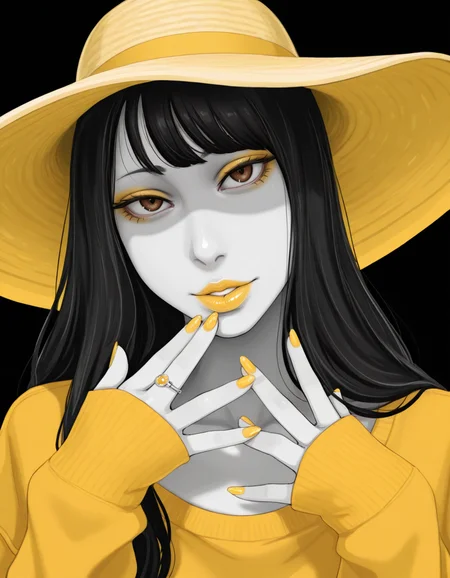 (masterpiece, best quality, ultra-detailed, absurdres, newest, detailed textures, correct anatomy:1), detailed_hands, elegant_fingers, <lora:HaneAme_ILXL:1>, haneame, asian woman, pale skin, makeup, black hair, brown eyes, long hair, streetwear, oversized clothes, sleeves past wrists, contemporary, nail polish, lips, eyeshadow, yellow nails, yellow lipstick, yelow eyeliner, yellow theme, rings, <lora:iwaoCIVITAI:0.5>, iwao178, uncensored, <lora:Artist_Style_-_Teracu_MC_ILXL:0.25>, terasuMC, <lora:milf_hunter_manhwa_ILXL_goofy:0.25>, <lora:MyLifeAsALoser_illustrious_Leaf2:0.25>, mlaal, <lora:mamimi_mamamimi_style_illustrious_goofy:0.25>, <lora:Asanagi_Illustrious:0.25>, asanagi, <lora:Magnetus Style Ill V2:0.25>, artist:magnetus, magnetus, digital media \(artwork\), wide-brimmed hat, looking at viewer, parted lips, black background, portrait, close-up, (spot_color, selective_color_style, monochrome:1.3), head tilt, tempting look, intricate design, 1950s \(fashion\),