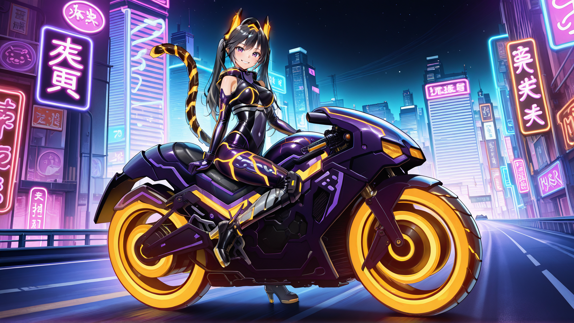 (high quality:1.1), detailed face, i:p_masquerena, alternate_outfit, 1girl, solo, long hair, looking at viewer, smile, black hair, twintails, gloves, animal ears, medium breasts, purple eyes, mechanical tail, full body, grey hair, grin, multicolored bodysuit, night, ground vehicle, skin tight, shiny clothes, city, purple bodysuit, tiger ears, tiger tail, purple motorcycle, city lights, year of the tiger, neon lights, on motorcycle, highway, neon trim, purple elbow gloves, two-tone headgear, black high heels, knee pads, tiger headgear  <lora:ip_masquerena_final-10:1>