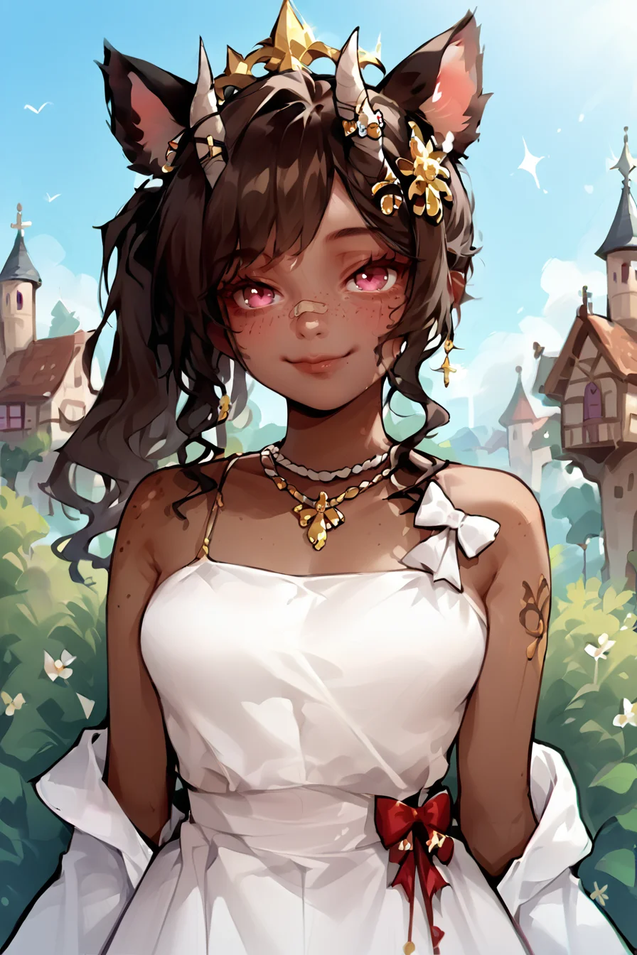 score_9, score_8_up, score_7_up, score_6_up, score_5_up, source anime, BREAK, (dark skin), brown hair, 1girl, solo, (freckles), castle town, outdoors, bare arms, looking at viewer, smile, closed mouth, blush, breasts, white robe, st louis dress, <lora:rong_hui:1> <lora:SashaKHMEL_Style_Pony:0.7> <lora:p4st3lg0r3XLP:1> , p4st3lg0r3, horns, animal ears, bandaid, hair ornament, jewelry, bow, food,