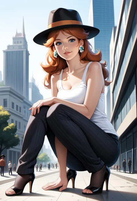 score_9, score_8_up, score_7_up, score_6_up, score_5_up, score_4_up, high quality, (photorealistic), (Extremely detailed), 1.5, <Lora:add-detail-xl:1.5>, 1girl, solo, princess daisy, blue eyes, long hair, orange hair, black fedora hat, (white tank top), black pinstripe suit pants, striped pants, ((black mule heels)), toeless, Marco, Giantess, giga size, gigantic, city, kneeling, kneeling down, on knees, looking down,