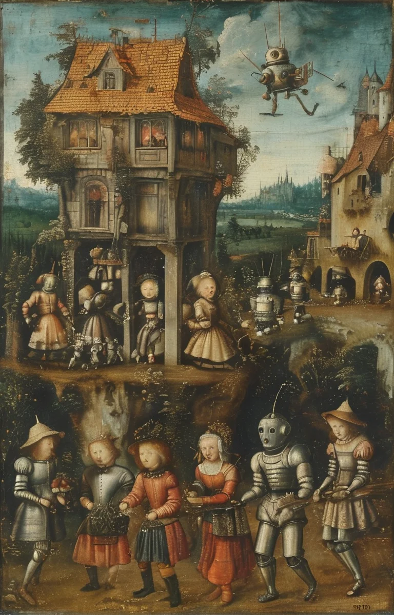 masterpiece,best quality,<lora:tbh283-sdxl:0.9>,illustration,style of Lucas Cranach the Elder portrait of Housework robots