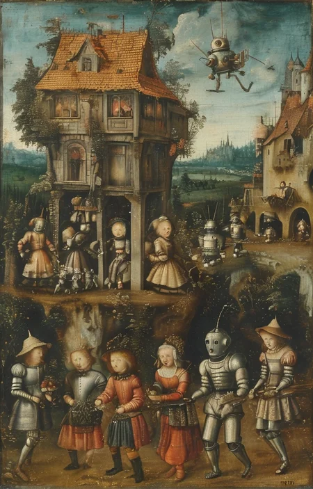 masterpiece,best quality,<lora:tbh283-sdxl:0.9>,illustration,style of Lucas Cranach the Elder portrait of Housework robots