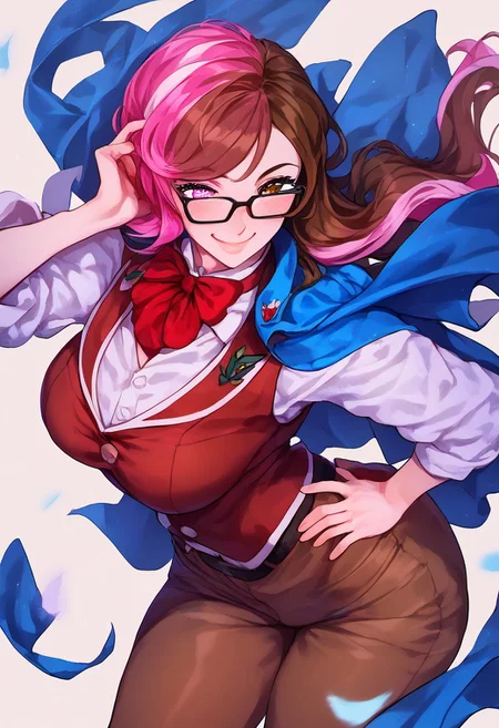 (score_9, score_8_up, score_7_up, high quality, best quality, ultra-detailed, very aesthetic, illustration, perfect composition, intricate details, absurdres, high res image, masterpiece, vibrant colors, beautiful face, detailed face, 1girl, solo focus, single character, perfect eyes, detailed eyes, female), neopolitandef, long hair, brown hair, brown eyes, pink hair, multicolored hair, pink eyes, two-tone hair, heterochromia, split-color hair, pale skin, thick thighs, perfect body, voluptuous, medium breasts, curvy body, narrow-waisted, wide hips, (blue cape, white shirt, dark red vest, cravat, brown pants, glasses), (hand on hip, small smile, blush), blank background