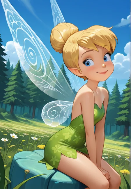 masterpiece, best quality, amazing quality, very aesthetic, absurdres, newest, detailed background, cowboy shot, outdoors, dynamic angle, forest, sky, clouds, flower
tinkerbellxd, 1girl, fairy, solo, pointy ears, blonde hair, hair bun, wings, blue eyes, fairy wings, sitting, dress, bare shoulders, strapless dress, minigirl, strapless, single hair bun, smile, short dress
<lora:Tinkerbell_-_Disney_Illustrious:1>