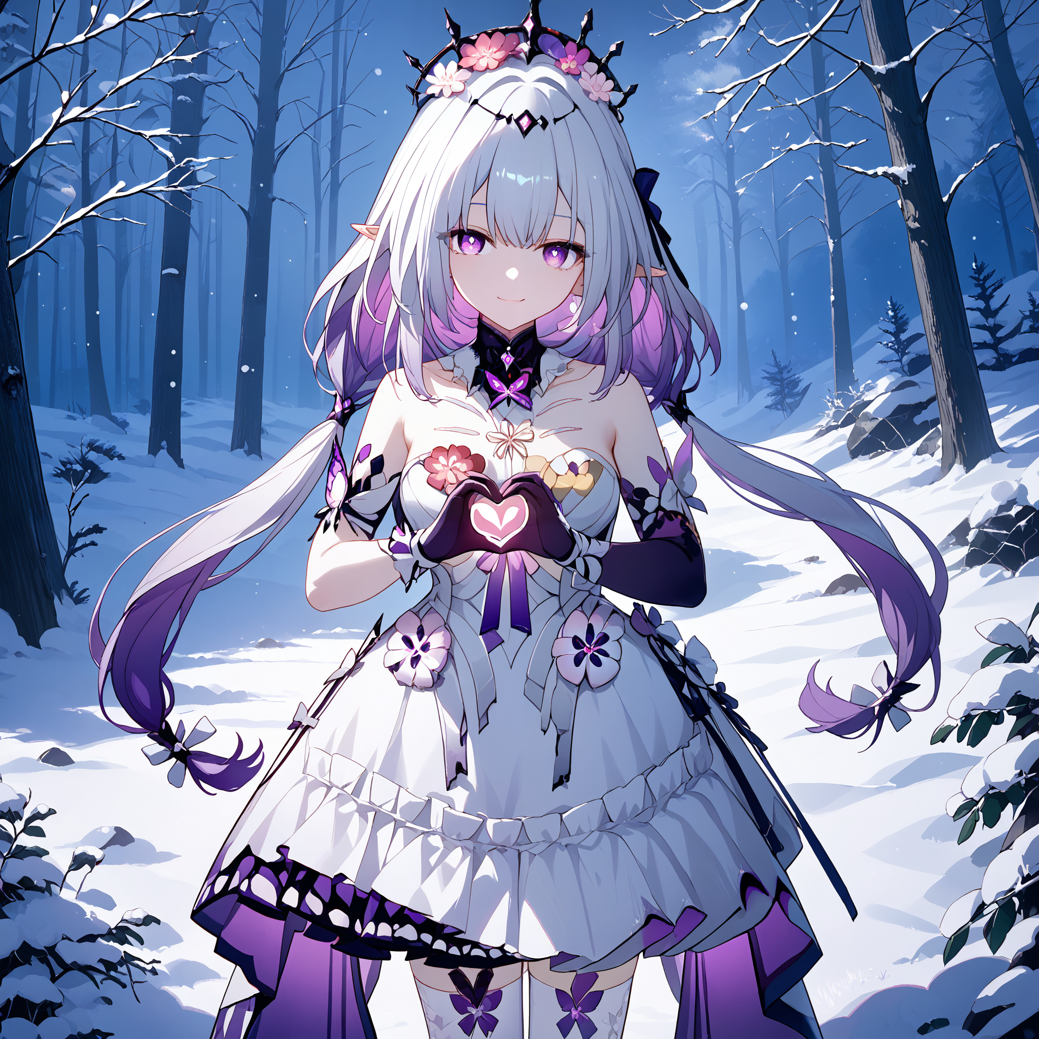 score_9, score_8_up, score_7_up, score_6_up, BREAK source_anime, look at viewer, 1girl, solo, forest, standing, winter, snow, night, smiling, heart hands,  masterpiece, best quality, high detailed skin,  castorice_(honkai:_star_rail), purple eyes, white hair, multicolored hair, colored inner hair, low twintails, pointy ears, crown, two-tone dress, layered dress, elbow gloves, white thighhighs,