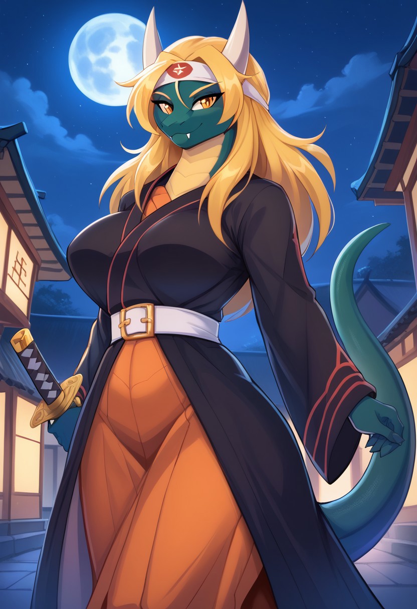 <lora:Scappo_Style_v2_PonyXL:0.8> by scappo, scappo,  score_9, score_8_up, score_7_up, girl, ayameedroll3, Japanese dragon, long hair, blonde hair,bloob hair,dense hair,horns, hidden ears, amber eyes, cobra fangs, big breasts, green body, orange belly,big ass, tail,elongated face, BREAK, cute, white, headband,black kimono, long skirt, katana on the belt, looking at the viewer, hands on the belt, night, full moon, Japanese village