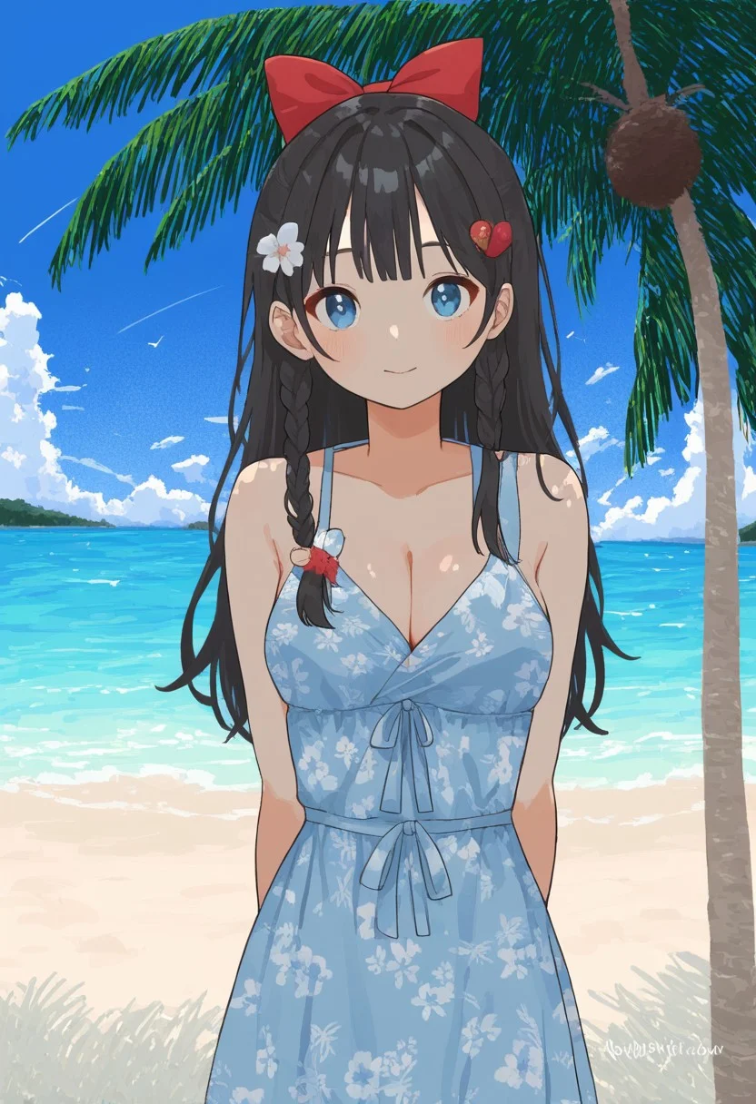 1girl, arms behind back, artist logo, beach, black hair, blue eyes, bow, braided sidelock, breasts, cleavage, closed mouth, coconut tree, cowboy shot, day, dress, floral print, hair bow, hair ornament, heart, heart hair ornament, logo, long hair, looking at viewer, medium breasts, ocean, outdoors, palm tree, red bow, sky, sleeveless, sleeveless dress, solo, summer, tree, zPDXL3