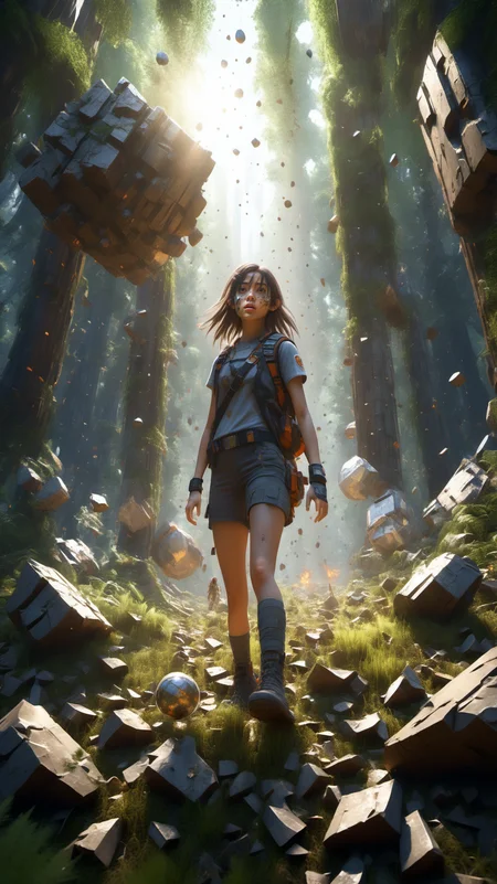 2girl,pretty face,brown eyes,long hair,looking from above,the space,afloat,moons,Running position,Wide-angle lens distortion,BJ_debris,outdoors,day,tree,sunlight,grass,plant,nature,forest,rock,ruins,debris,moss,Photographic,3D Model,Cinematic,(masterpiece:1.4),Rebellious girl,NVDI,building,A high resolution,ultra - detailed,<lora:Blue_butterfly_SDXL1.0:0.5>,<lora:Fallen_angel_SDXL1.0:0.7>,<lora:SDXL_debris:0.5>,<lora:Pure_Realistic_SDXL:0.3>,