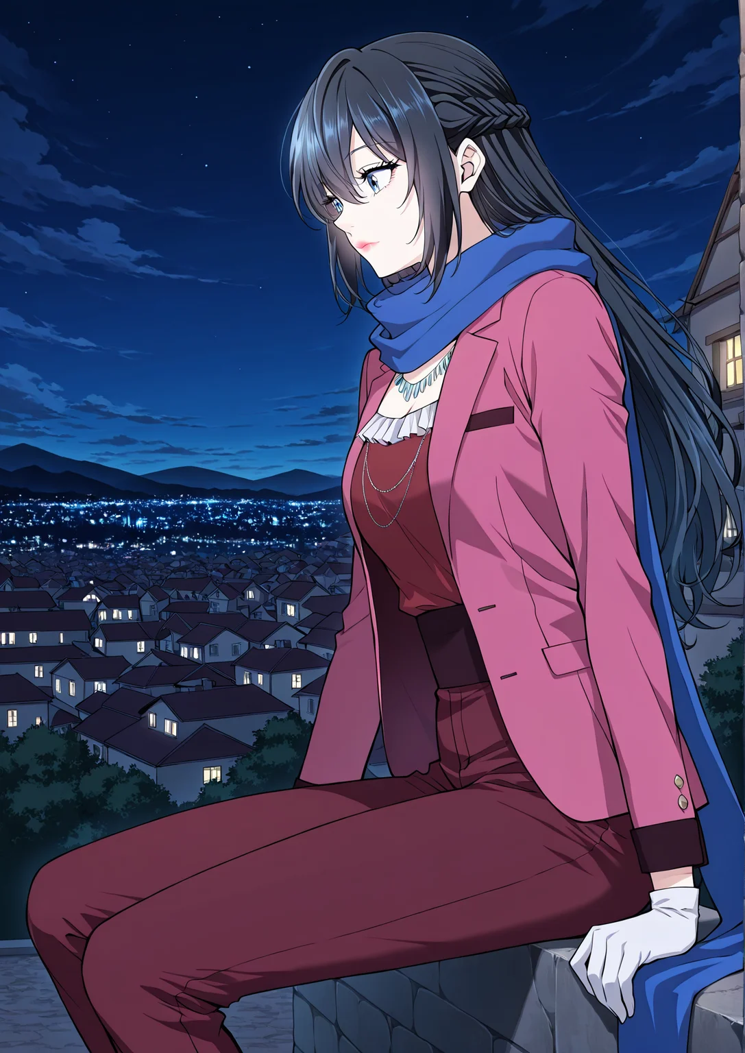<lora:Tabitha_Helstea__The_Beginning_After_the_End__Illustrious:1>
1 girl, solo, blue eyes, black hair, hair between eyes,
alternate costume, red shirt, pink jacket, blue scarf, white gloves, french braid, jewelry, necklace, lipstick, red pants
score_9, score_8_up, score_7_up, score_6_up, source_anime, masterpiece, best quality, absurdres, highres, newest, anime coloring <break> 1girl, solo, sitting, on wall, from side, town, night sky, cloud