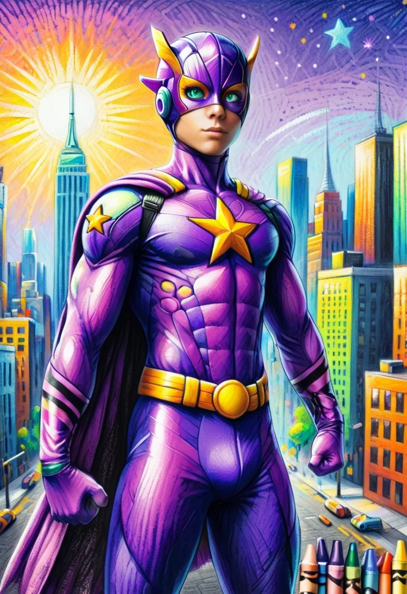 cr4y0n, colorful, crayon drawing, superhero, purple costume, star \(symbol\),standing with hands on hips, city in background <lora:Colorful_Crayons:1>
