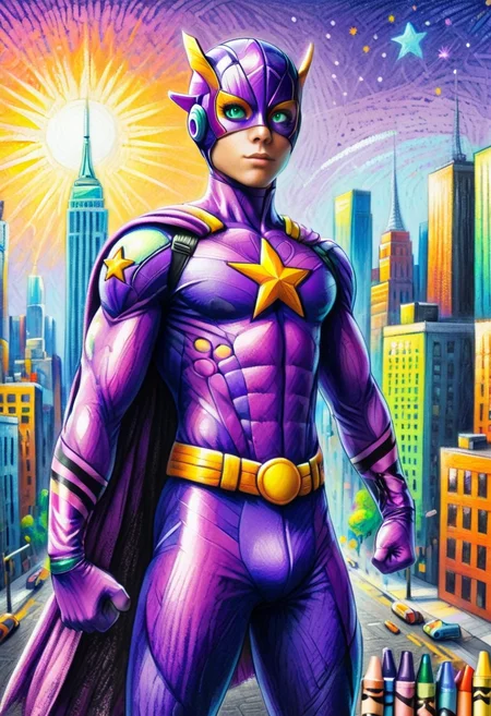 cr4y0n, colorful, crayon drawing, superhero, purple costume, star \(symbol\),standing with hands on hips, city in background <lora:Colorful_Crayons:1>