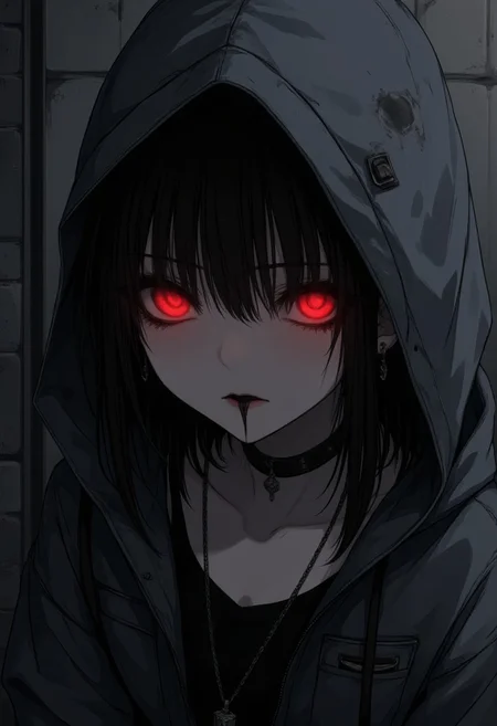 A photo of a striking and eerie character with a ghostly complexion, glowing red eyes, and a menacing, otherworldly appearance. The character is shrouded in a dark, textured hooded cloak, with worn and rough fabric. The makeup includes black lips with a single black streak extending downward from the lower lip. The lighting is low and dramatic, with a cold, bluish tone highlighting the face while the rest of the image fades into deep shadows. The atmosphere is dark, supernatural, or villainous, resembling a character from a dark fantasy or gothic horror setting, aidmaDarkGothicAnime
