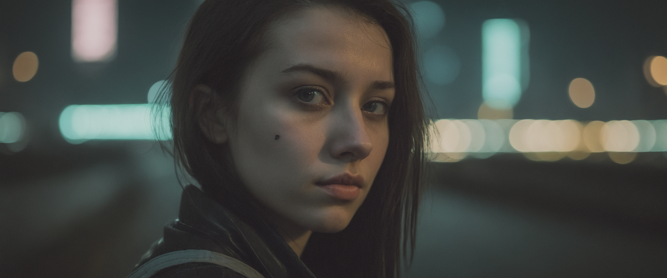 amateur photo close-up of a 25 year old woman in a cyberpunk city at night, loneliness and sadness