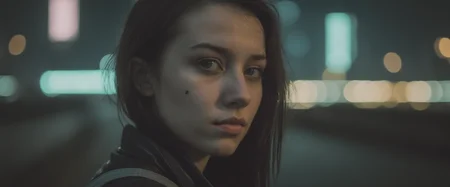 amateur photo close-up of a 25 year old woman in a cyberpunk city at night, loneliness and sadness