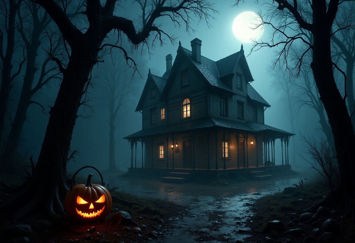 ultra realistic, halloween, halloween bucket, pumpkin, scenery, house in the woods, light coming from the window of the house, dark, twilight, fog, decaying leaves, twisted trees, ghostly light ,old cabin, dread, eerie, heavy-rain, abyss, maelstrom, unsettling, dark, spooky, suspenseful, grim, highly detailed, floating house, otherworldly, full moon