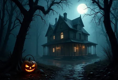 ultra realistic, halloween, halloween bucket, pumpkin, scenery, house in the woods, light coming from the window of the house, dark, twilight, fog, decaying leaves, twisted trees, ghostly light ,old cabin, dread, eerie, heavy-rain, abyss, maelstrom, unsettling, dark, spooky, suspenseful, grim, highly detailed, floating house, otherworldly, full moon