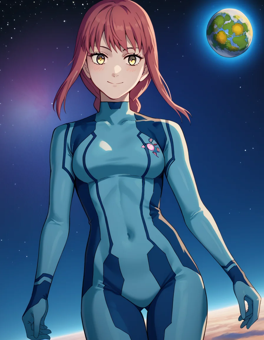 score_9, score_8_up, score_7_up, source_anime, makima, <lora:chainsaw-man-makima-s1-ponyxl-lora-nochekaiser:1> makima, long hair, smile, bangs, yellow eyes, braid, red hair, braided ponytail, ringed eyes,, <lora:samus-aran-cosplay-ponyxl-lora-nochekaiser:1>, samusarancosplay, samus aran \(cosplay\), blue bodysuit, bodysuit, covered navel, skin tight, zero suit,, space, planet, earth \(planet\), star \(sky\), galaxy, nebula, moon, blush, smile,, cowboy shot, dutch angle, solo,