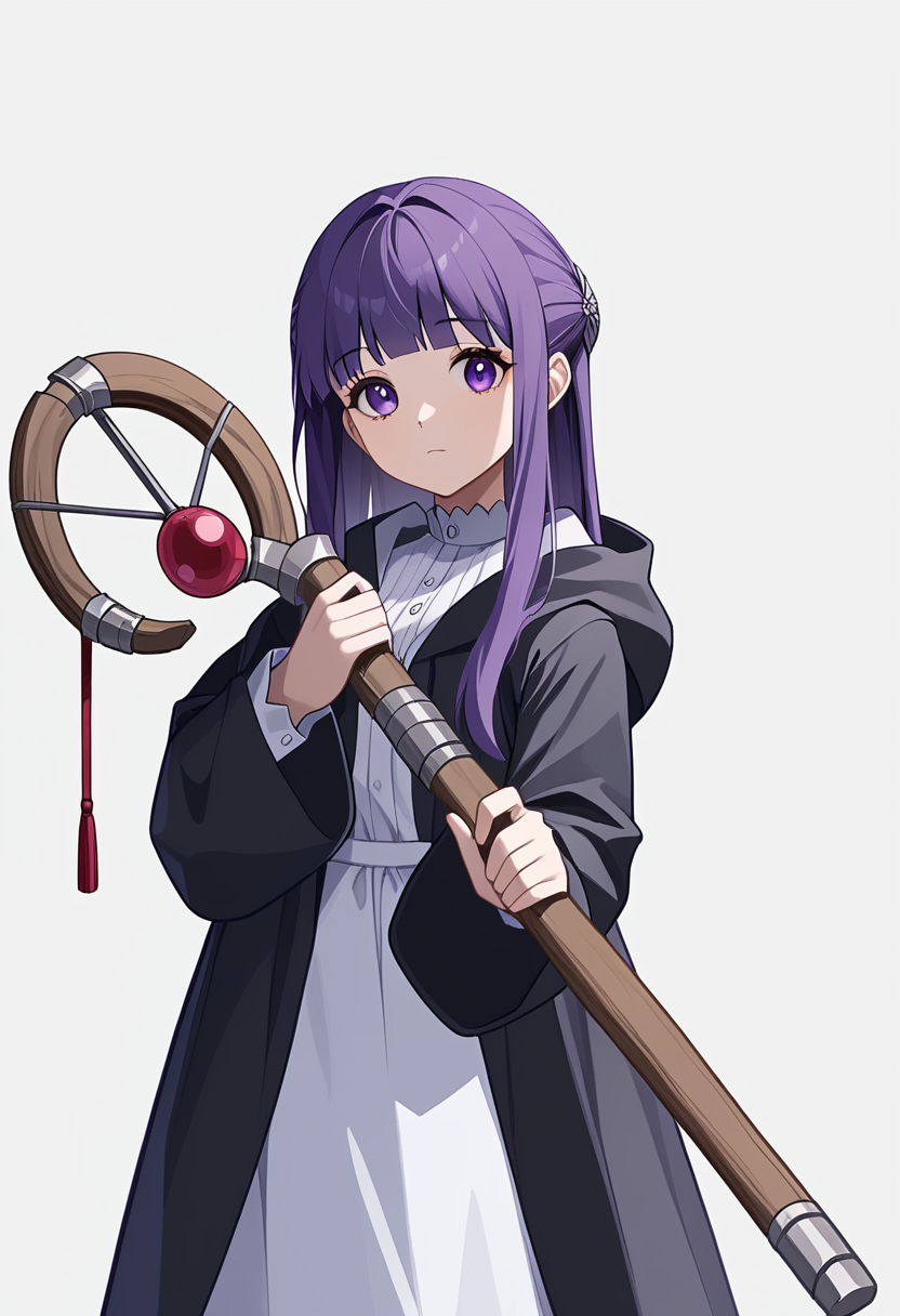 score_9,score_8_up,score_7_up,<lora:sousou_no_frieren_all-000020:1>,1girl, black_coat, closed_mouth, commentary, cowboy_shot, expressionless, fern_\(sousou_no_frieren\), hands_up, highres, holding_staff, hood_down, hooded_coat, long_dress, long_hair, long_sleeves, looking_at_viewer, mage_staff, purple_eyes, purple_hair, sidelocks, simple_background, solo, standing, white_background, white_dress, wooden_staff